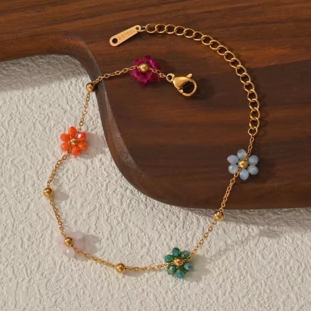 18K Gold Bohemian Beaded Flower Chain Bracelet Colorful Minimalist No Fade